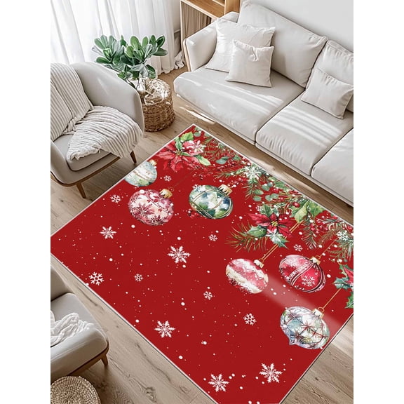 Christmas Balls Red Area Rug for Bedroom 4x6 Ft Winter Poinsettia Fir Tree Snowflakes Super Soft fuzzy Throw Rug Non-Slip Fluffy Plush Indoor Floor Carpet for Living Room Nursery Home Decor