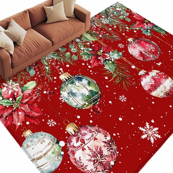 Christmas Balls Red Area&nbsp;Rug 5x8ft Winter Poinsettia Fir Tree Snowflakes Non-Slip&nbsp;Washable Square&nbsp;Rugs Soft Felt Indoor Floor Mat for Bedroom Kitchen Living Room Bathroom