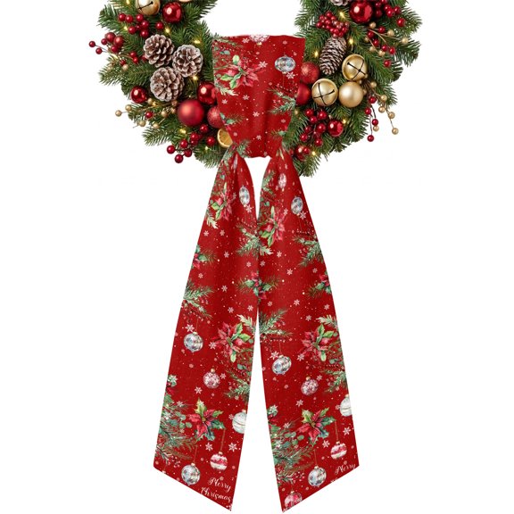 Christmas Balls Red Wreath Sash for Front Door 4.5"x56", Winter Poinsettia Fir Tree Snowflakes Double-Sided Bow Ribbon Decor for Wreaths, Stair Railings, Fireplace Mantel