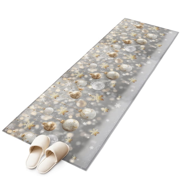 Christmas Balls Runner Rug 2x6 Washable Kitchen Rug Non-Slip Lightweight Thin Soft Low Pile Bathroom Runner Xmas Balls Winter Snowflake Grey Golden Carpet for Hallway Laundry Room Bedroom Entryway