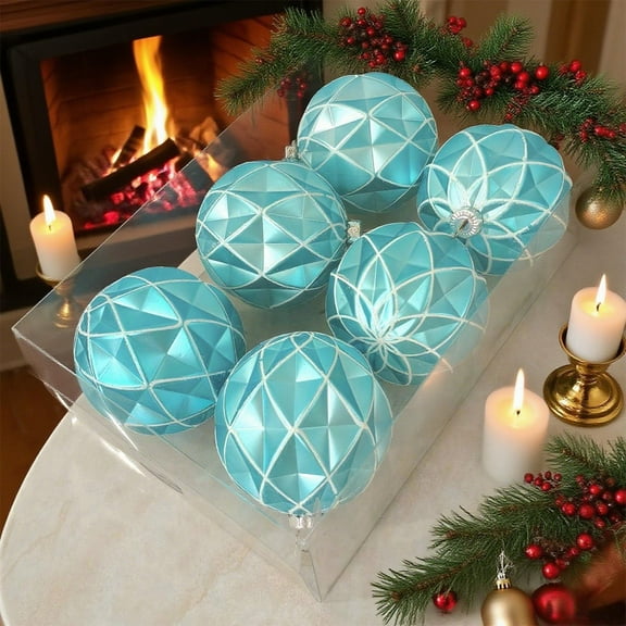 ‌Christmas Balls Set of 6,3.15in Aqua Blue Geometric Ornaments with White Diamond Patterns,Shatterproof Holiday Decor for Tree/Party/Wedding‌‌