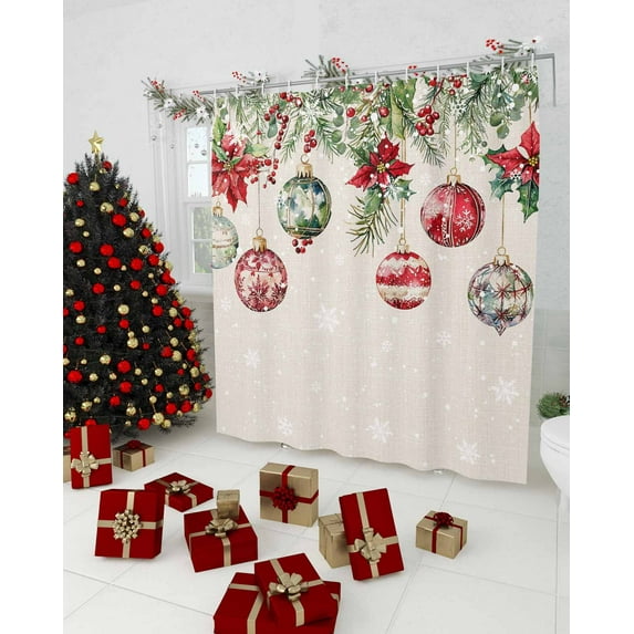 Christmas Balls Shower Curtain, Red Green Xmas Botanical Snowflake Rustic Waterproof Washable Boho Funny Cute Shower Curtains Set for Bathroom Farmhouse Bathtubs Decor with Hook, 36"Wx72"L