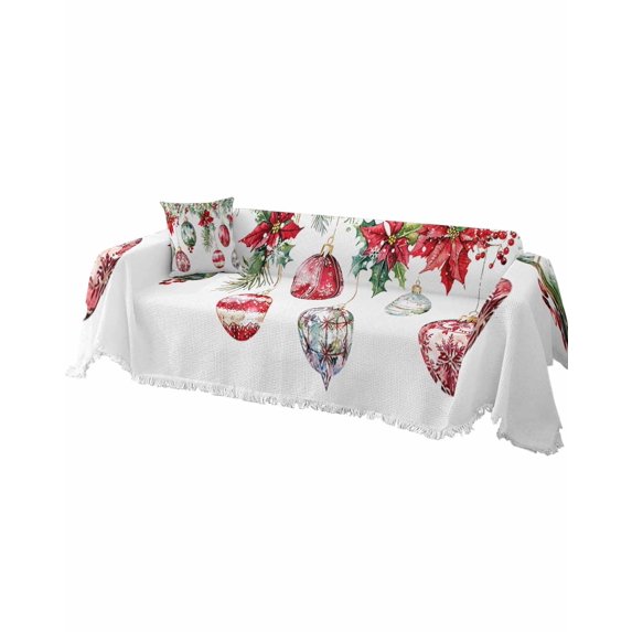 Christmas Balls Sofa Covers for 3 Cushion Couch, Washable Sectional & L Shape Couch Covers for Dogs/Cats/Kids, Red Green Xmas Botanical Poinsettia Non Slip Sofa Slipcover Futon Cover 71''x150''
