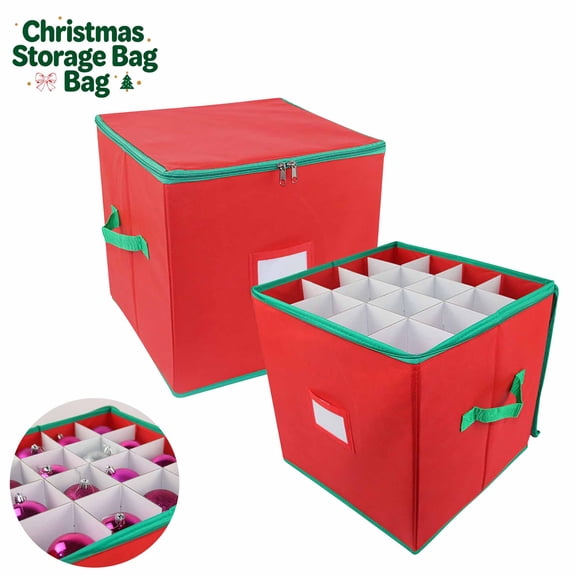 Christmas Balls Storage Box, 64 Compartments Foldable Storage Container with Adjustable Cardboard Dividers and Zipper, Organizer for Christmas Decorations or Ornaments, Red