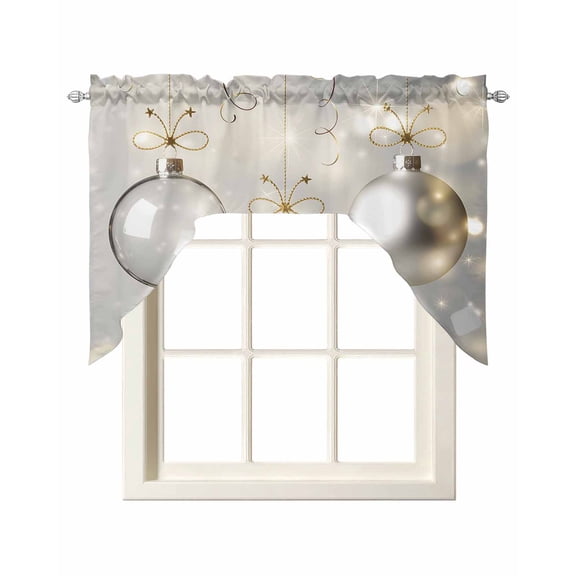 Christmas Balls Swag Valances for Windows, Small Curtains Drapes, Silver Xmas Balls Glitter Sparkle Stars Kitchen Window Curtains Over Sink Window Treatment Valance for Bedroom/Bathroom 56"x36"