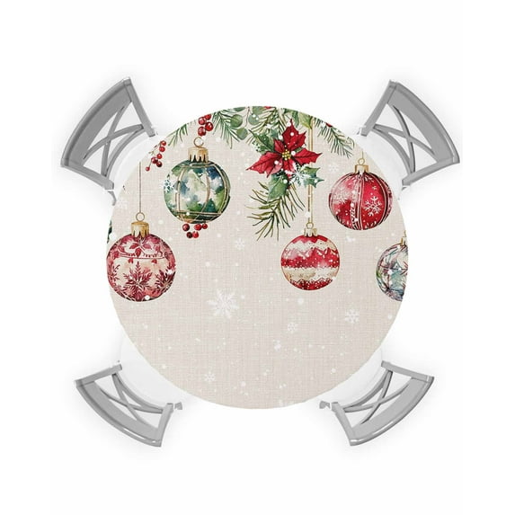 Christmas Balls Table Cloth, Round Fitted Tablecloths with Elastic Edge, Red Green Xmas Botanical Snowflake Rustic Wipeable Waterproof Table Cover for Kitchen Wedding 55-60 Inches