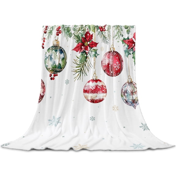 Christmas Balls Throw Blanket for Couch, Soft Lightweight Flannel Fleece Blanket, Red Green Xmas Botanical Snowflake Microfiber Plush All Season Decorative Blankets Gifts for Sofa Office Lap 30"x40"