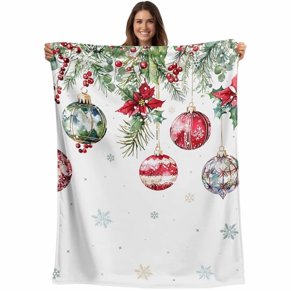 Christmas Balls Throw Blankets, Vintage Watercolor Floral Evergreen Soft Fleece Blanket Decorative for Home Sofa Couch Chair Living Bedroom, 40x50 inches, White