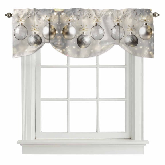 Christmas Balls Tie Up Valance Curtains for Windows, Kitchen Curtains Window Treatments, Silver Xmas Balls Glitter Sparkle Stars Short Window Shades Valances for Bedroom Bathroom Cafe 42"x12"