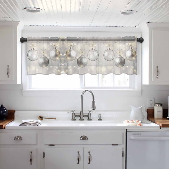 Christmas Balls Valance Curtains for Kitchen/Living Room/Bathroom/Bedroom Window, Silver Xmas Balls Glitter Sparkle Stars Rod Pocket Small Topper Half Short Window Curtains Voile Sheer Scarf 60"x18"