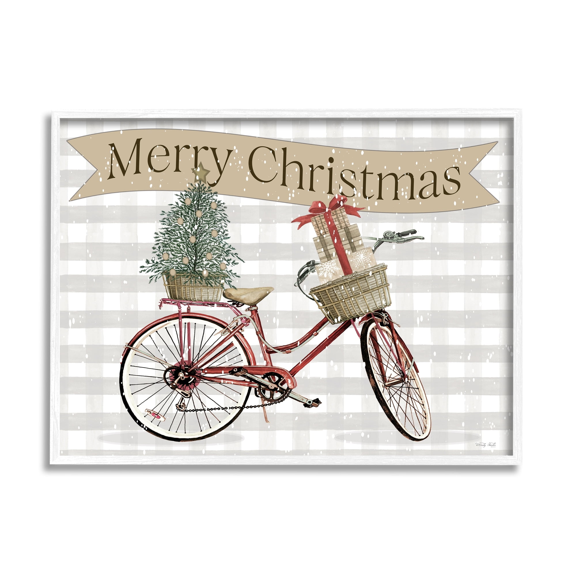 Christmas Banner Beige Gingham Bicycle Gift Basket Inspirational Graphic Art Framed Art Print Wall Art