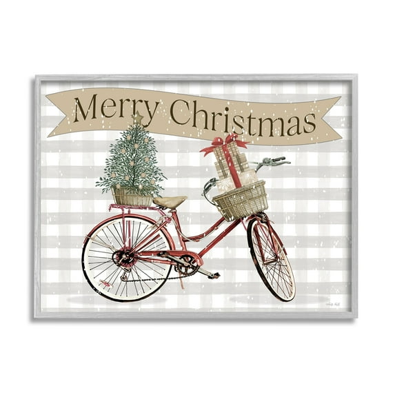 Christmas Banner Beige Gingham Bicycle Gift Basket Inspirational Graphic Art Framed Art Print Wall Art