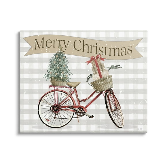 Christmas Banner Beige Gingham Bicycle Gift Basket Inspirational Graphic Art Gallery-Wrapped Canvas Print Wall Art