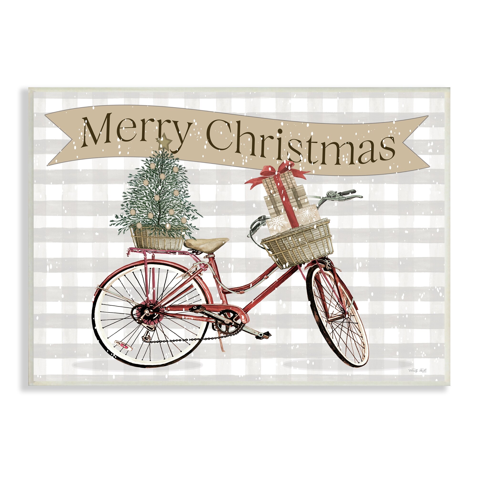 Christmas Banner Beige Gingham Bicycle Gift Basket Inspirational Graphic Art Unframed Art Print Wall Art