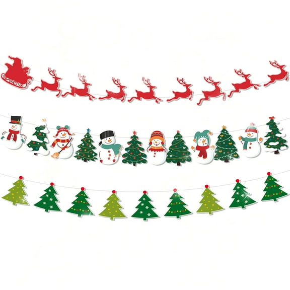 Christmas Banner Decorations Set - 3 Pack Reindeer Sleigh, Snowman & Tree Designs for Holiday Party Decor