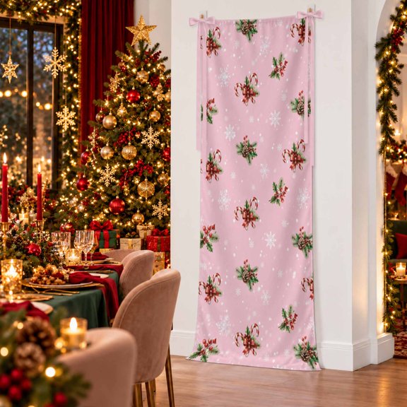 Christmas Banner Fabric Backdrop, 27X78 Inch Holly Leaf Red Berries Canes Snowflakes Blush Pink Welcome Sign Banner with Hanging String, Reusable Backdrop for Wedding Birthday Party Yard Wall Decor