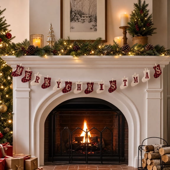 Christmas Banner Plaid Stocking Lettered Garland for Mantel Fireplace Decoration