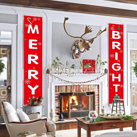 Christmas Banner, Red White Merry Christmas Sign for Front Door Porch, Modern Outdoor Indoor Holiday Decor