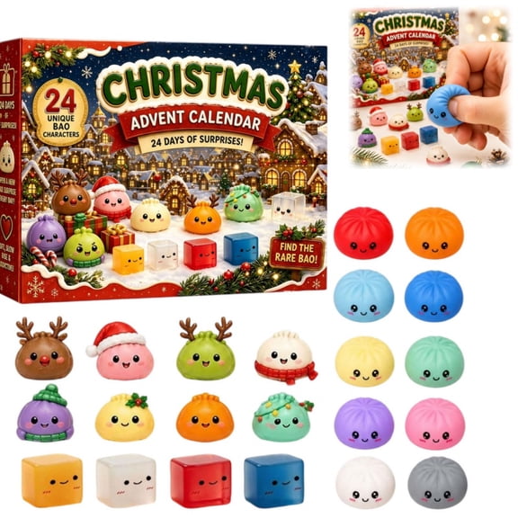 Christmas Bao Advent Calendar, 24 Unique Character Squishy Toys, Holiday Countdown Blind Box Kit for Boys Girls Christmas Gift