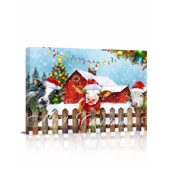 Christmas Barn Canvas Print Wall Art Cow Christmas Tree Farmhouse Winter Pictures Painting Morden Artwork for Living Room Bedroom, Ready to Hang - 12"x16"