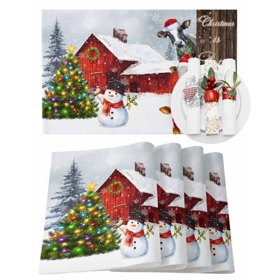 Christmas Barn Placemats Set of 6 Cow Snowman Christmas Tree Winter Heat Insulation Washable Place Mats, Rustic Non-Slip Table Mats for Dining Table Party Kitchen Decor,13x19 Inch