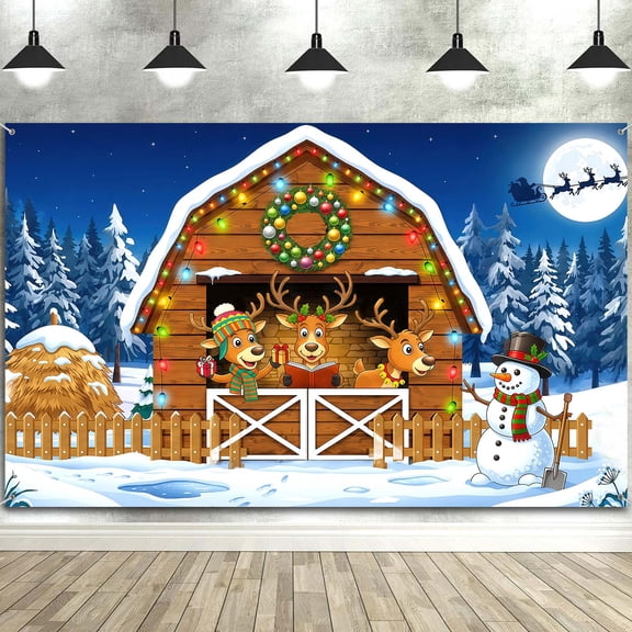 Christmas Barn Reindeer Photography Backdrop， Rustic Winter Forest Xmas 7X5ft Snowy Forest Santa Sleigh Snowman Xmas Tree Background, Merry Christmas Party Kids Holiday Photography Studio Prop