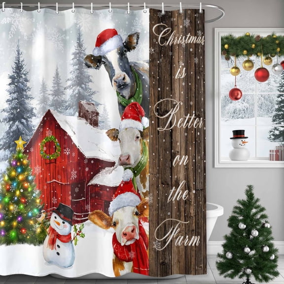 Christmas Barn Shower Curtains for Bathroom, Cow Snowman Christmas Tree Winter Waterproof Fabric Shower Curtain for Bathroom Bathtub Decoration, Machine Washable, 36"x72"