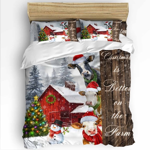 Christmas Barn Twin Size Comforter Set, Cow Snowman Christmas Tree Winter Soft Bedding for All Seasons, 4 Pcs Bed Set with 1 Comforter (68"x86") ,1Sheet(66"x116"), 2 Pillowcases (19"x29")