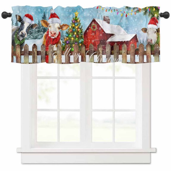 Christmas Barn Valances for Windows, Cow Christmas Tree Farmhouse Winter Light Filtering Window Treatment Valances, Rod Pocket Small Curtains for Kitchen/Bathroom, 56"x16"