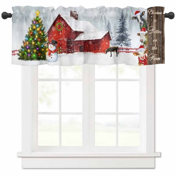Christmas Barn Valances for Windows, Cow Snowman Christmas Tree Winter Light Filtering Window Treatment Valances, Rod Pocket Small Curtains for Kitchen/Bathroom, 60"x14"