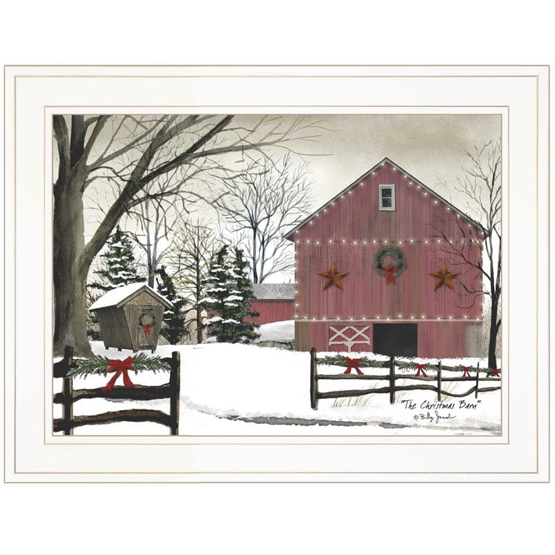 Christmas Barn Red Canvas Print with White Frame