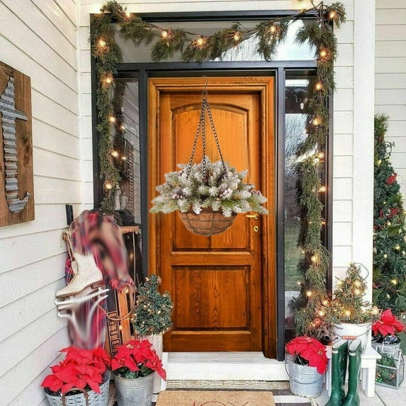 Christmas Basket Artificial Christmas Hanging Basket With Led Light,Christmas Hanging Basket,Artificial Christmas Hanging Basket Flocked with Mixed Decor,Christmas Decoration Basket