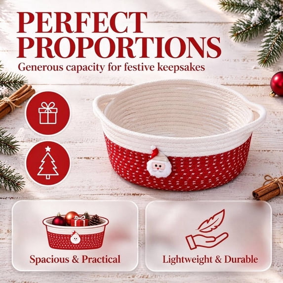 Christmas Basket, Cotton Christmas Basket for Gifts, Rope Woven Storage Basket with Handle and Santa Claus Doll, Christmas Holiday Cotton Basket for Gifts Candy Toy Tabletop Home Decor
