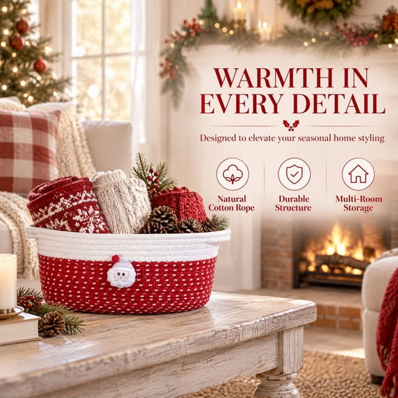 Christmas Basket, Cotton Christmas Basket for Gifts, Rope Woven Storage Basket with Handle and Santa Claus Doll, Christmas Holiday Cotton Basket for Gifts Candy Toy Tabletop Home Decor