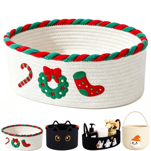 Christmas Basket Empty Cotton Rope Woven Gift Basket With Christmas Applique Decor For Holiday Gift Giving Baby Shower Nursery Storage And Xmas Home Table Decor,B