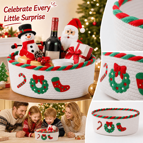 Christmas Basket Handwoven Cotton Rope Empty Gift Basket Candy Cane Wreath Stocking Embroidery Design For Christmas Eve Kids Gifts Party Supplies And Household Storage,B
