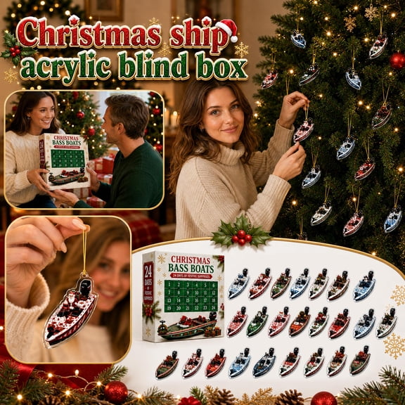 Christmas Bass Boats Blind Box with 24-Piece Acrylic Fishing Boat Theme, 24-Pack, Multicolor, for Holiday Tree Hanging, Christmas Decorations