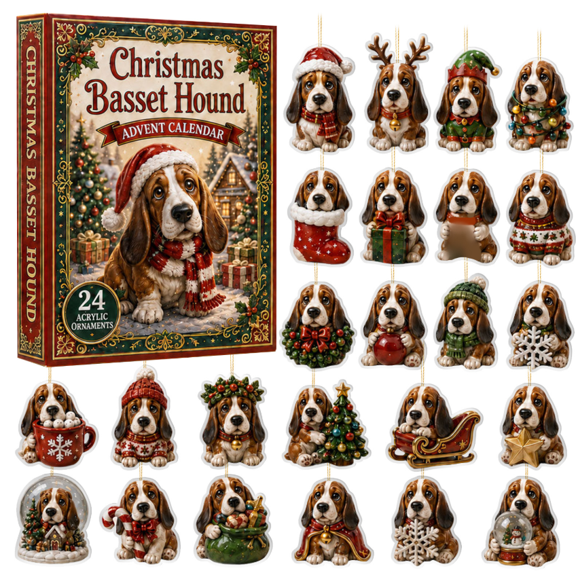 Christmas Basset Hound Advent Calendar 2026, 24-Day Countdown with 24 Acrylic Hanging Ornaments, Cute Xmas Tree Decorations Set, Ideal Holiday Gift for Girls and Teens