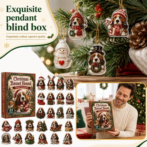 Christmas Basset Hound Advent Countdown Calendar, 24 Pcs Acrylic Dog Themed Hanging Ornaments, Holiday Blind Box for Xmas Tree, Mantel & Home Christmas Decoration