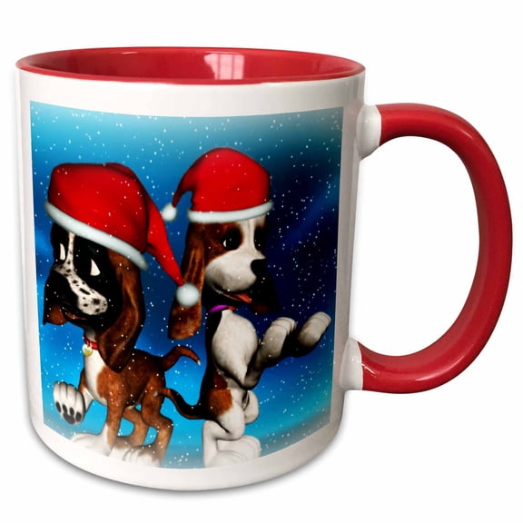 3drose, Christmas Basset Hound Puppies Playing in Snow, 11oz Two-tone Red Mug