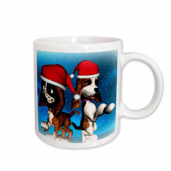3drose, Christmas Basset Hound Puppies Playing in Snow, 15oz Mug