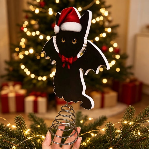 Christmas Bat Black Cat Tree Topper, Gothic Santa Hat Holiday Tree Decoration with Unique Halloween Style Design, Festive Ornament for Christmas Tree Top Display Home Party Seasonal Decor