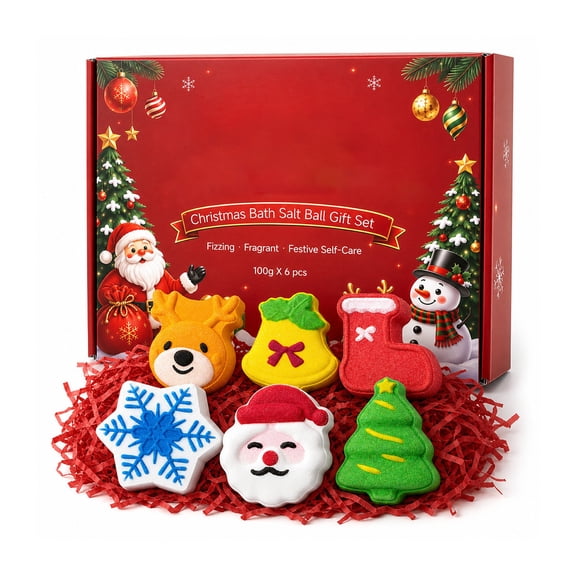 Christmas Bath Bombs Gift Set, 6 Pack Festive Holiday Shaped Fizzy Bath Bombs with Fragrances, Holiday Spa Bath Gift Box, Individually Wrapped Bath Bombs for Women and Kids Christmas Stocking Filler