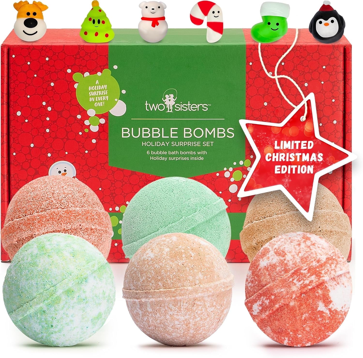 Chrismas Bath Bombs For Kids With Surprise Toys Inside (6 pack) - Holiday Cheerful Fizzy Colors And Fun Scents USA Made By Two Sisters