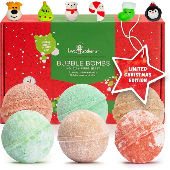 Chrismas Bath Bombs For Kids With Surprise Toys Inside (6 pack) - Holiday Cheerful Fizzy Colors And Fun Scents USA Made By Two Sisters