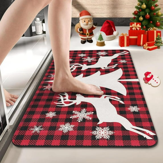 Christmas Bath Mat for Bathroom, Red and Grey Snowflakes Quick Dry Bath Mat Rug, Non Slip Rubber Backing Floor Rug for Kitchen Bedroom Indoor, Festive Rugs Holiday Decorative Bath Rug