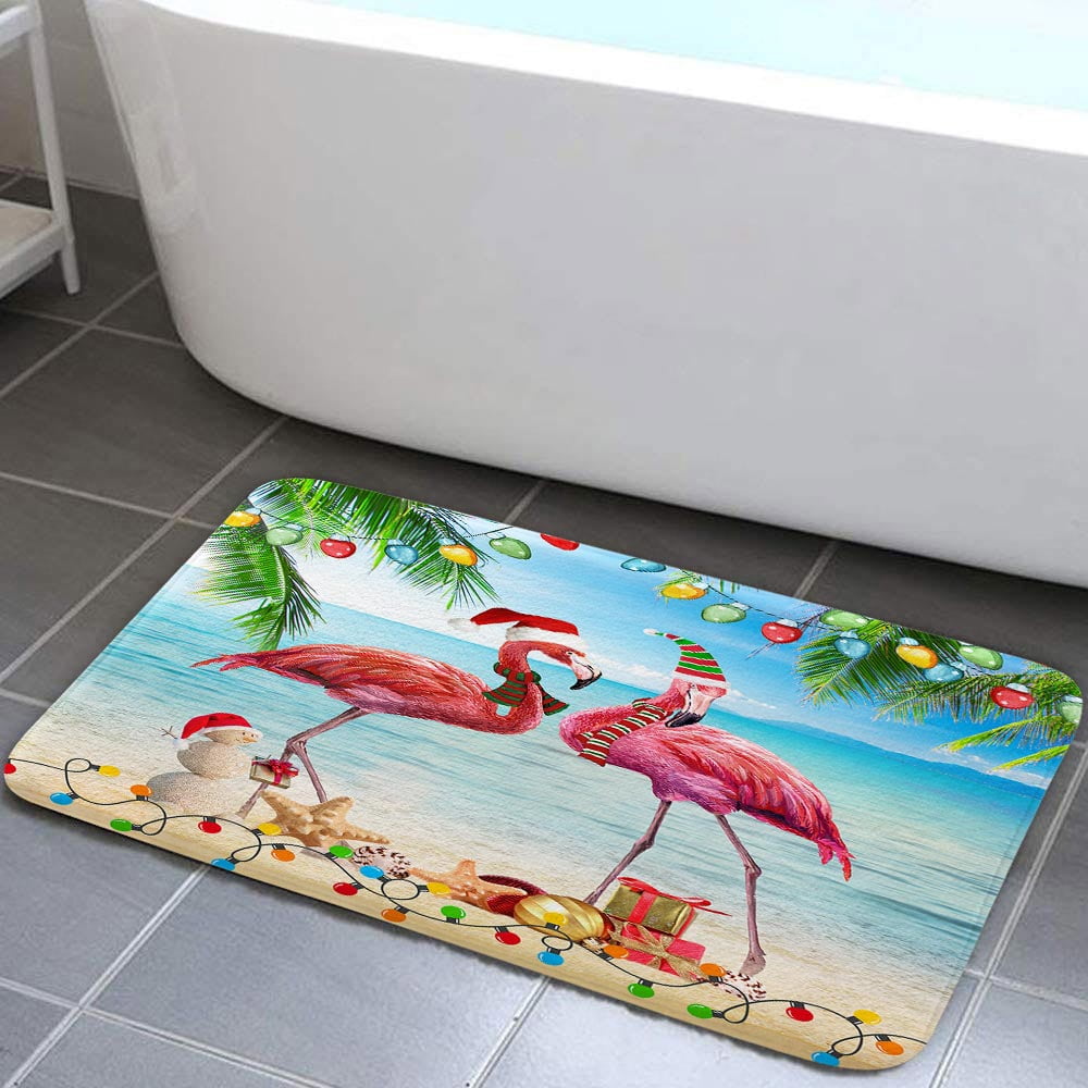 Christmas Bath Mat, Bright Tropical Christmas Beach Red Flamingo Funny Xmas Holiday Bath Rug for Bathroom, Vintage Merry Christmas Bath Mat Soft Non Slip Bath Rugs, 16X24IN