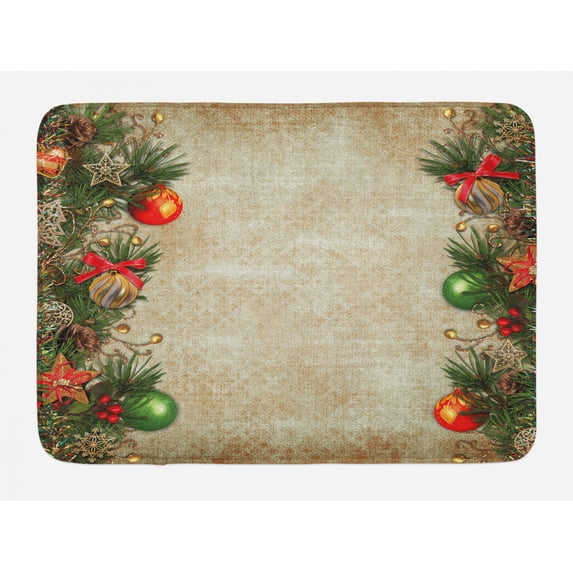 Christmas Bath Mat, Christmas Celebration in the Old Days Theme Antique Vintage Design Framework, Plush Bathroom Decor Mat with Non Slip Backing, 29.5" X 17.5", Multicolor, by Ambesonne