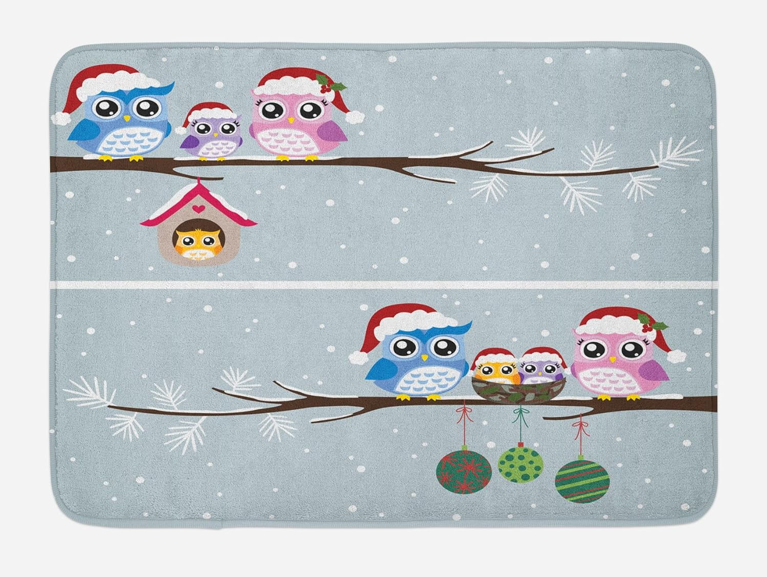 Christmas Bath Mat, Owl Family with Santa Hats on Tree Branch with in
