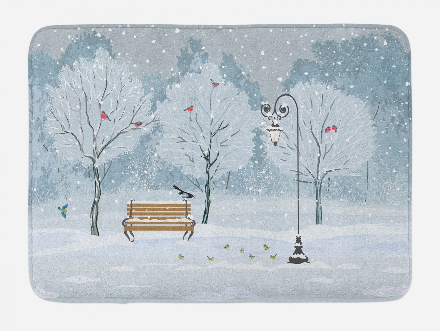 Winter Park Scene Blue and White Plush Bath Mat